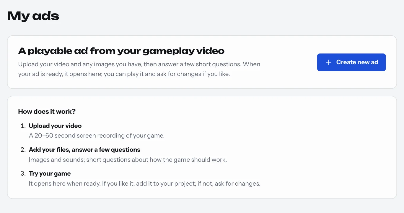 Playable Wizard in the client panel: upload a gameplay video, add your files, answer a few questions, then try your game.